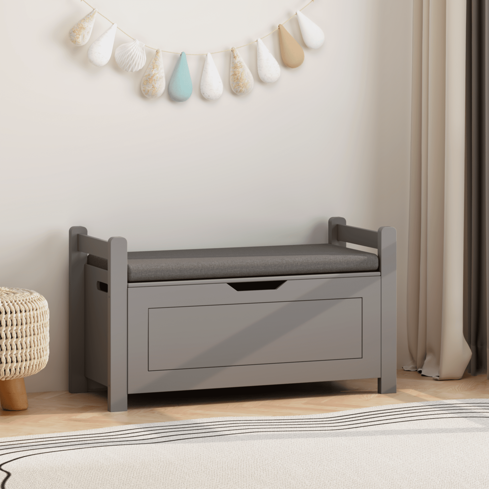 Kids Toy Box Chest for Boys Girls, Large Storage Cabinet with Cushion Seat Bench/ Flip-Top Lid/ Safety Hinge, Toy Storage Organizer Trunk for Nursery, Playroom (Gray)