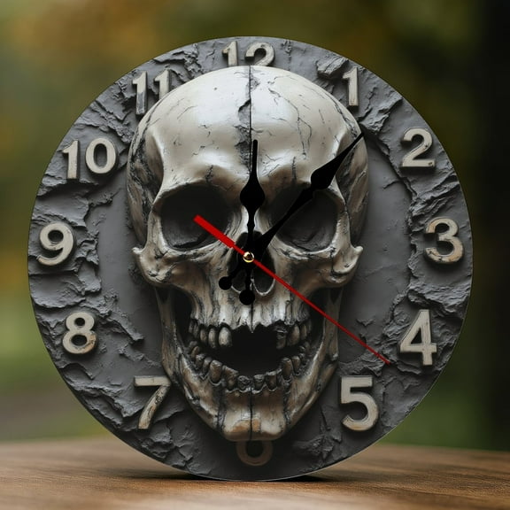 Wall Clock Decorative - Dark Gothic Skull Print 2D Vintage Wall Clocks Battery Operated Silent Non-Ticking for Bedroom, Living Room, Kitchen, Office, Classroom, 10 Inch