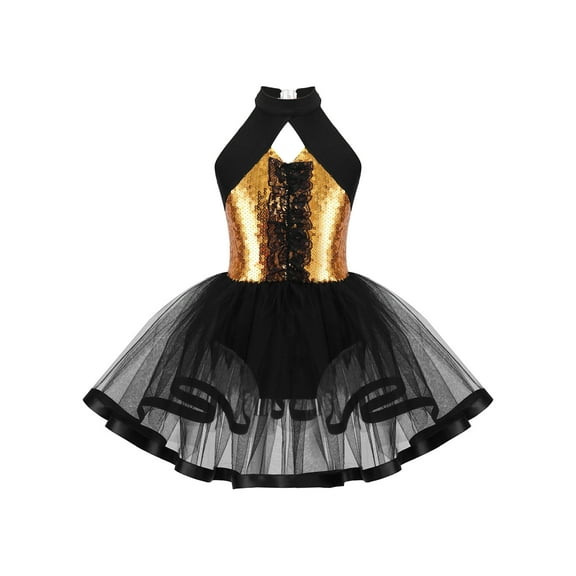 iiniim Kids Girls Sequins Halter Ballet Tutu Dress Gymnastics Leotard Lyrical Latin Jazz Costume
