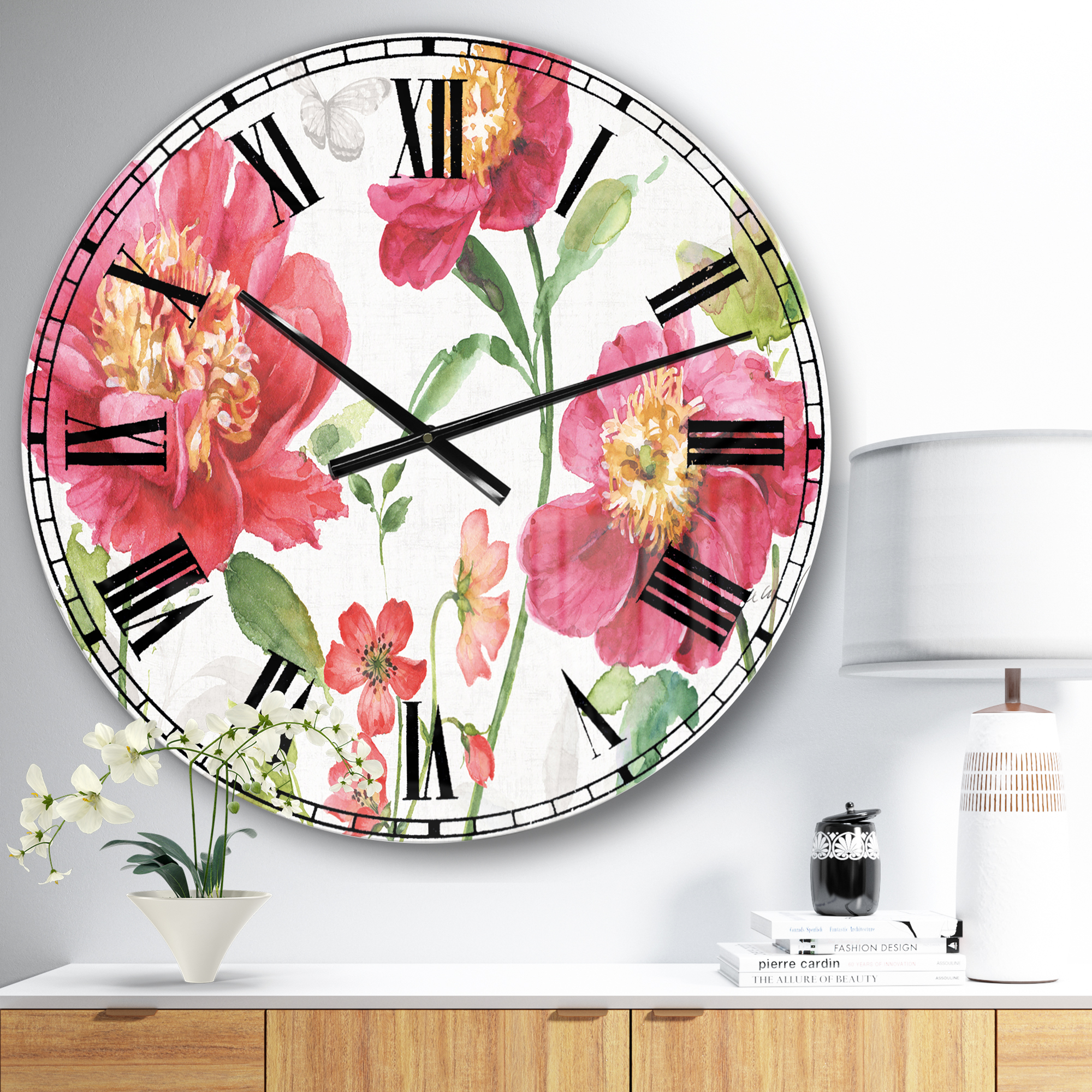 Designart 'Red Springflowers and Handpainted Butterfly' Traditional Wall Clock