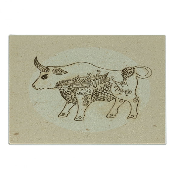 Zodiac Taurus Cutting Board, Hand Drawn Bull with Ornaments Vintage Antique Design, Decorative Tempered Glass Cutting and Serving Board, Small Size, Brown and Sand Brown, by Ambesonne