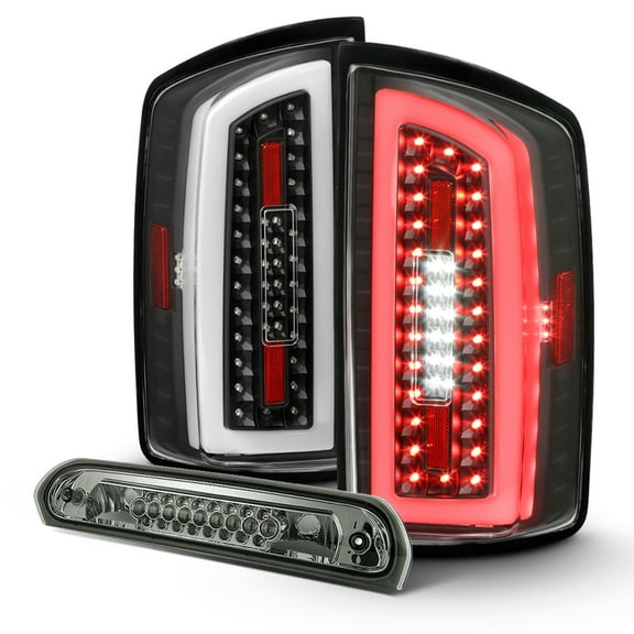 AKKON - Fits 2007 2008 Dodge Ram 1500 2500 / 2009 3500 Full LED Tube Bar Black Tail Lights Brake Lamp   3RD Brake Light Pair
