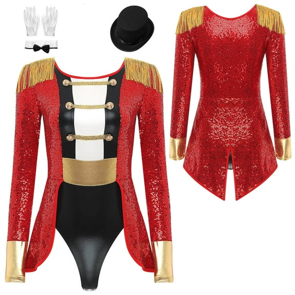 iiniim Women's Circus Ringmaster Costume Ringleader Cosplay Bodysuit Stage Shows Halloween Fancy Dress Up Red XL