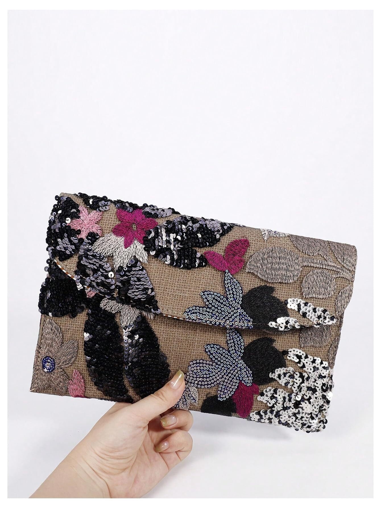 Women's Floral Embroidery Sequin Evening Clutch Bags Party Purses Beaded Evening Bag for Formal