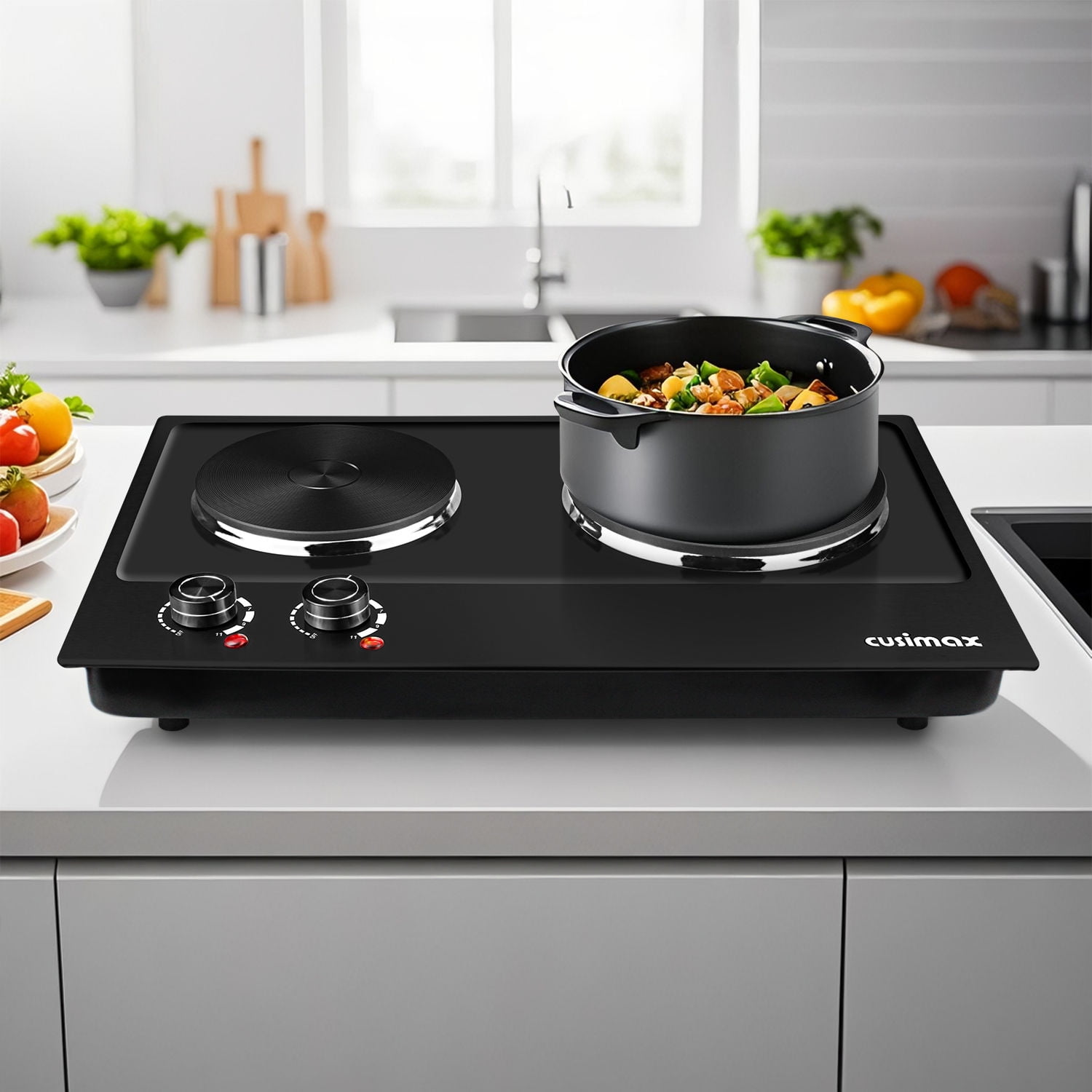 CUSIMAX 1800W Portable Double Burner Hot Plate – Stainless Steel Countertop Electric Cooktop with Dual Cast Iron Heating Plates, Easy-to-Clean Design, Upgraded Version