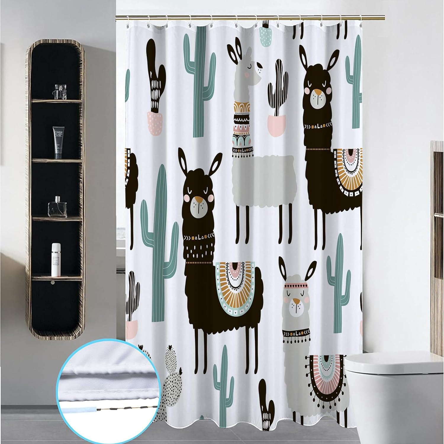 Stall 36"x72" Cute Alpaca Shower Curtain Set with Hooks,Funny Bathroom Curtain Kids Fabric Waterproof Bath Curtain Machine Washable