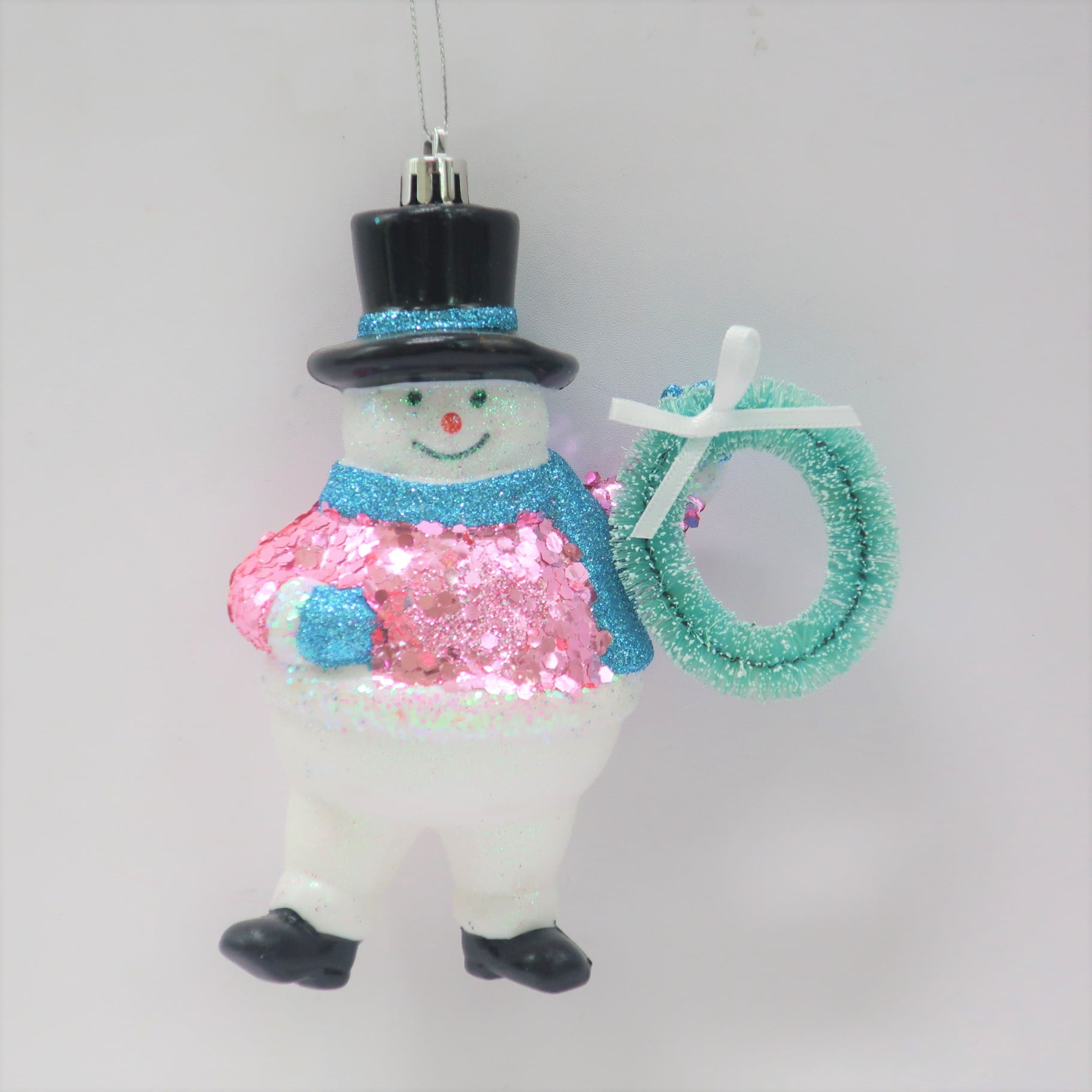 Holiday Time Pink Sequin Snowman W / Wreath Ornament