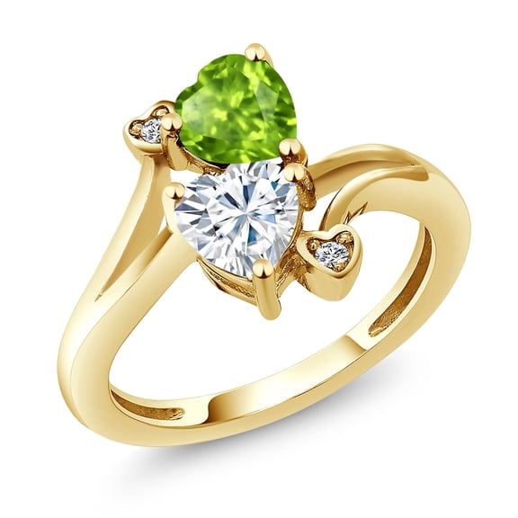 Gem Stone King 18K Yellow Gold Plated Silver Green Peridot White Moissanite and White Lab Grown Diamond Ring for Women (1.60 Cttw, Heart Shape 6MM, Gemstone August Birthstone, Size 6)
