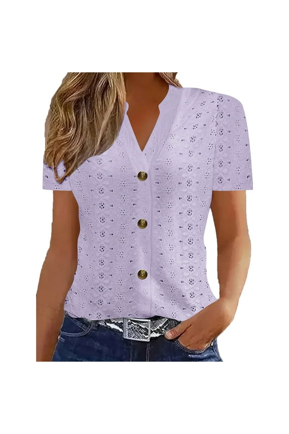 Open Front Tops for Women Solid Color Casual Eyelet Short Sleeve Tunic Top Shirts Button Up Summer Blouses