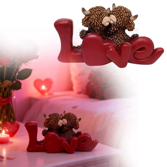 Scottish Highland Cow Couple "LOVE" Resin Sculpture | Romantic Farm Animal Desktop Ornament | Valentine’s Day Home Decor Figurine | 3.9" Tall