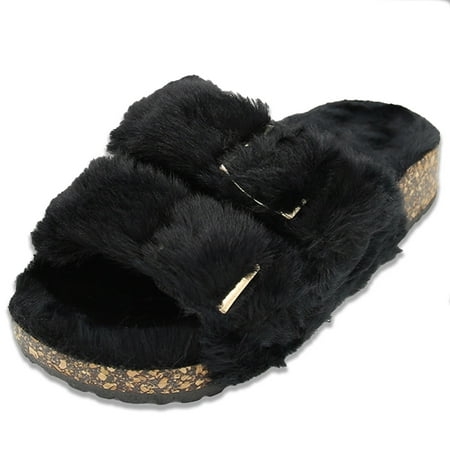 

LAVRA Girls Double Strap Sandals Kids Fuzzy Fur Slides Flatform Shoes