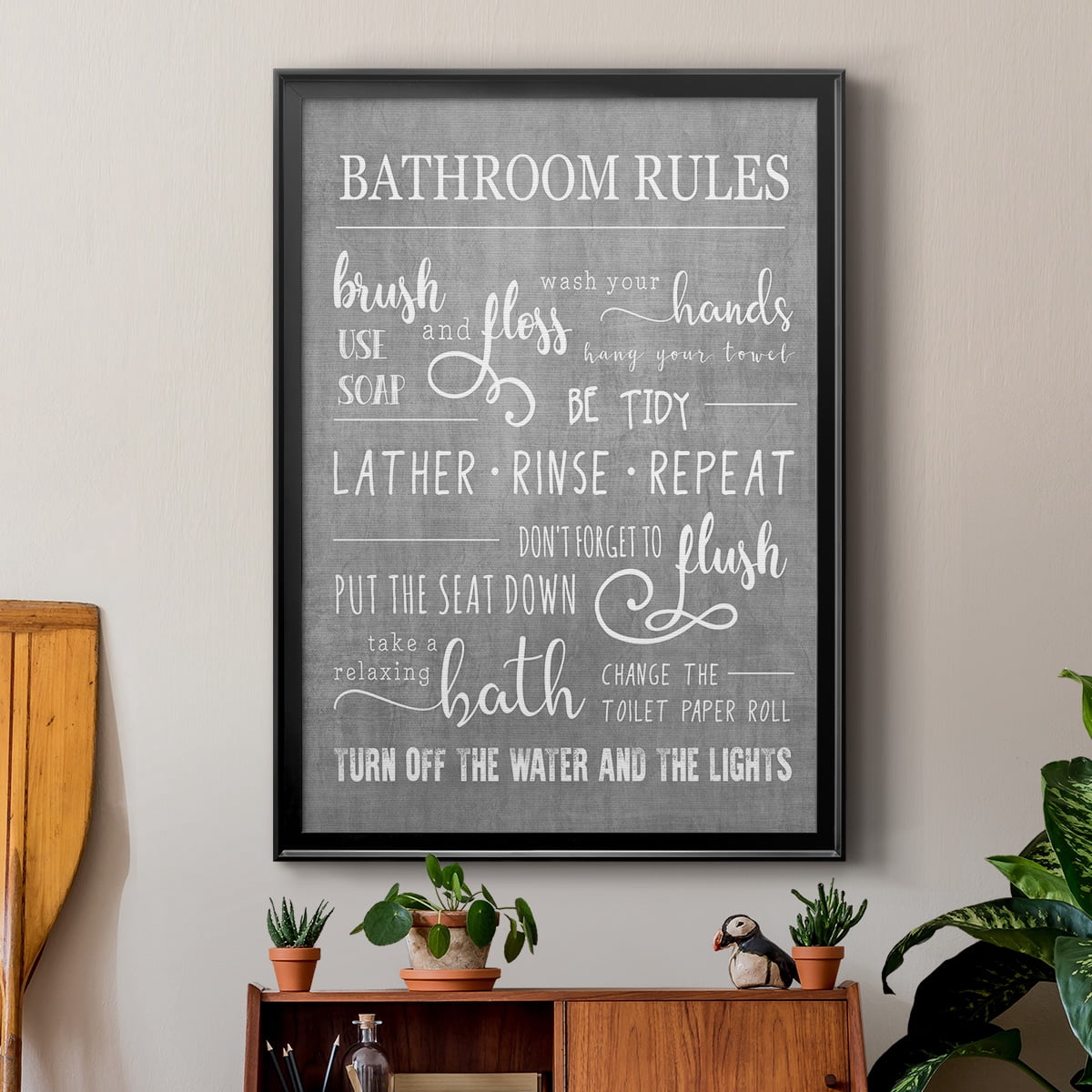 Neutral Bathroom Rules Premium Framed Print - Ready to Hang