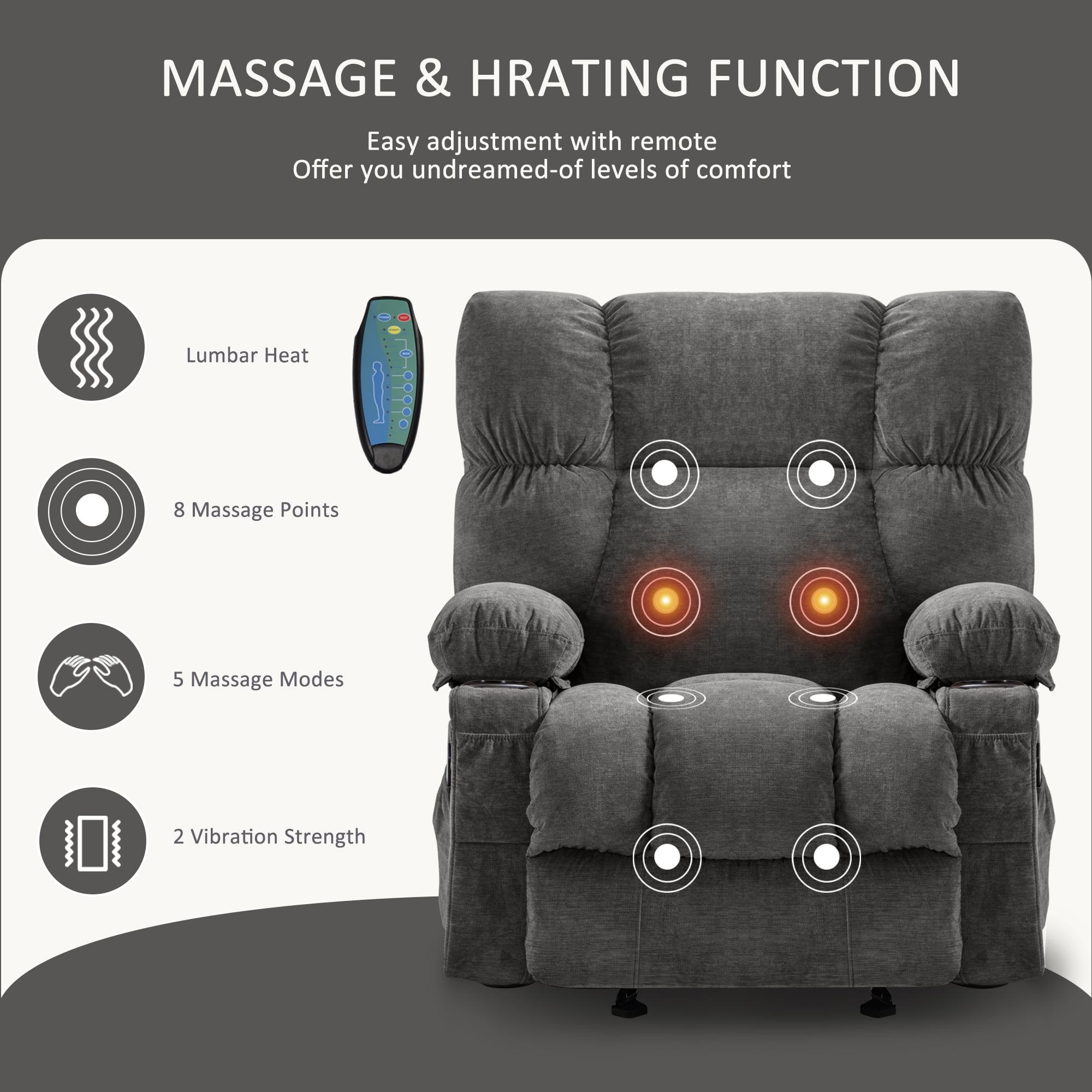 JONPONY Manual Recliner Chair with Heat Therapy and Massage Function, Heavy Duty Reclining Mechanism Massage Chair, Elderly Single Rocker Sofa with Cup Holders for Bedroom Home Theater,Grey