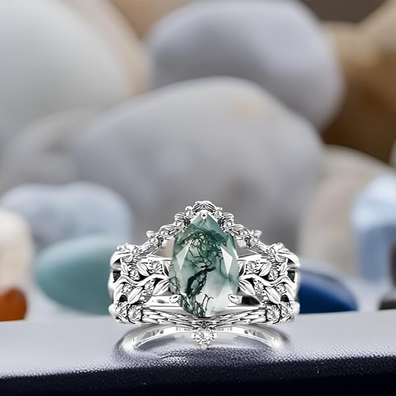 Natural Moss Agate Sterling Silver Rings Set - Leaf Art Deco Hexagon/Pear Moss Agate Engagement Wedding Promise Rings Set - Vintage Unique Bridal Ring Set for Women