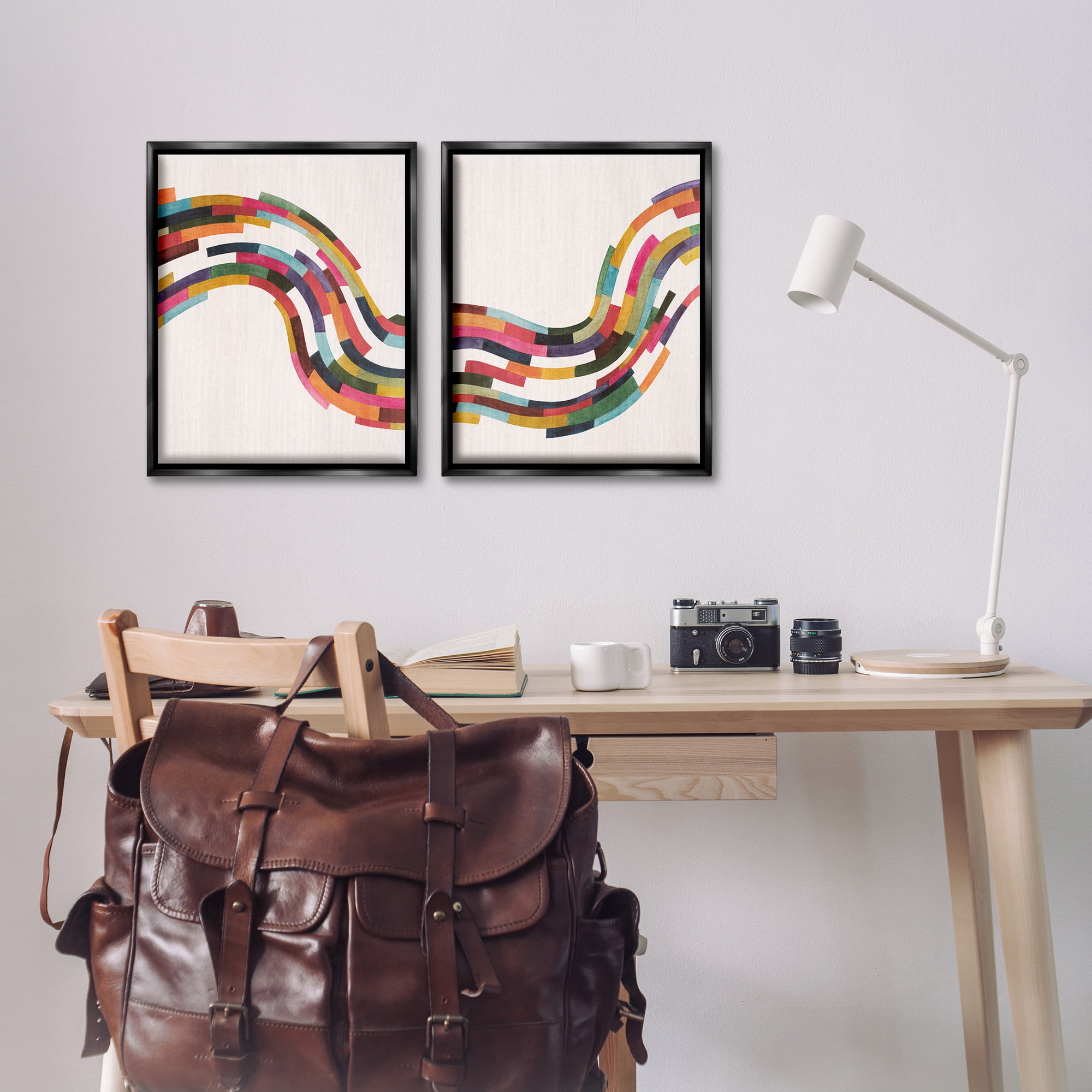 Stupell Industries Abstract Colorful Wave Abstract Painting Black Floater Framed Canvas Art Print Wall Art, 17 x 21, Set of 2