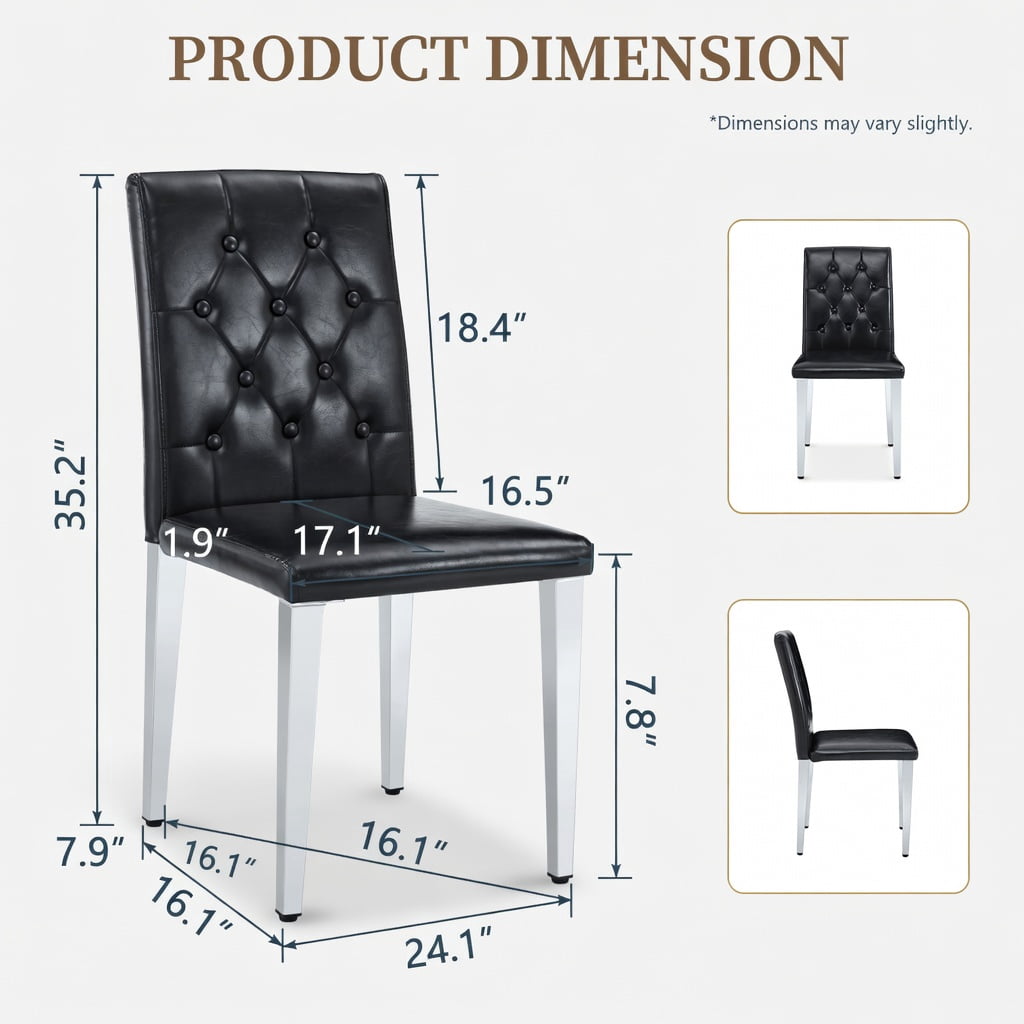 Hommoo 4-Pack PU Leather Dining Chairs with Ergonomic Buckle Backrest, 35 in Height, Metal Legs, Modern Minimalist Design for Home Dining Room or Commercial Use, Black & Sliver