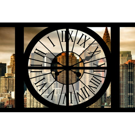 Giant Clock Window - View on the New York with the Chrysler Building at Sunset Print Wall Art By Philippe