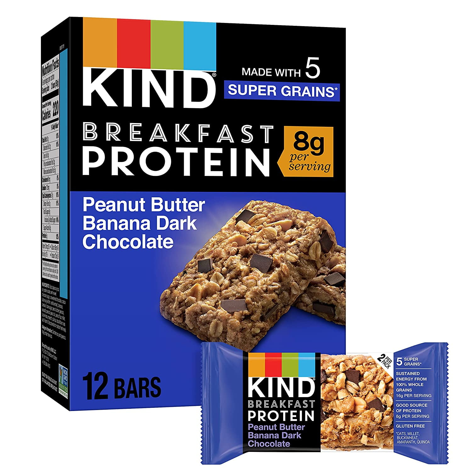 Pack of 5, Kind Peanut Butter Banana Dark Chocolate Breakfast Protein Bars, 10.58 oz