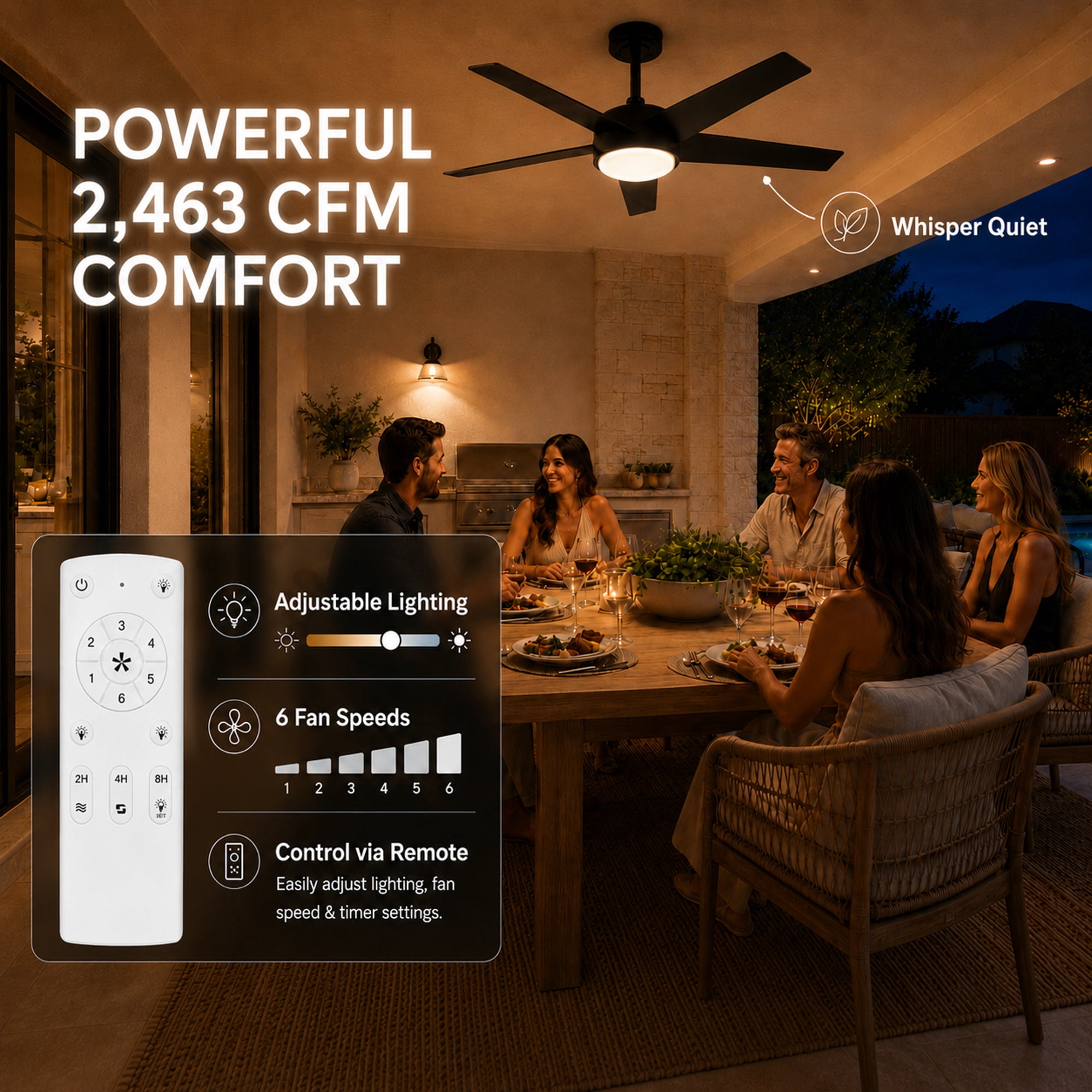 Mainstays 44 inch Black Downrod DC Covered Outdoor Ceiling Fan with Integrated LED Light, Remote Control, 6 Speeds, and Fast-Install Blade System
