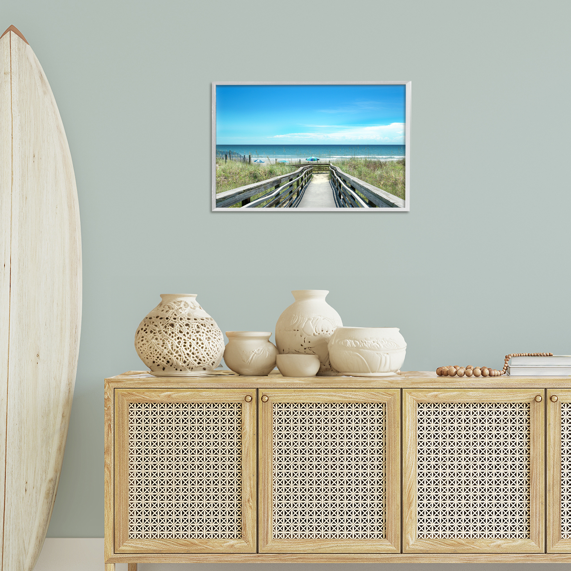 Stupell Industries Bridge to Beach View Landscape Photography White Framed Art Print Wall Art, 24 x 16
