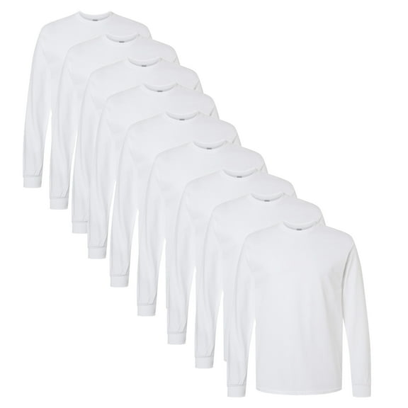 Gildan Men's Heavy Cotton Long Sleeve T-Shirt, Crewneck Soft Fleece Casual, Size S, 5.3 Oz 100% Polyester Tee, 9 Pack White Color
