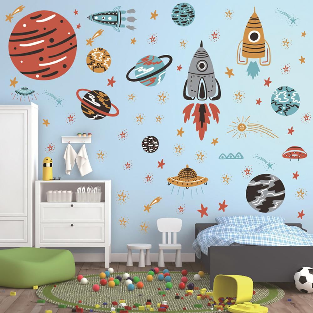 Space Planets Sticker Set Childrens Stars Astronaught Bedroom Wall Art UFO Moon 