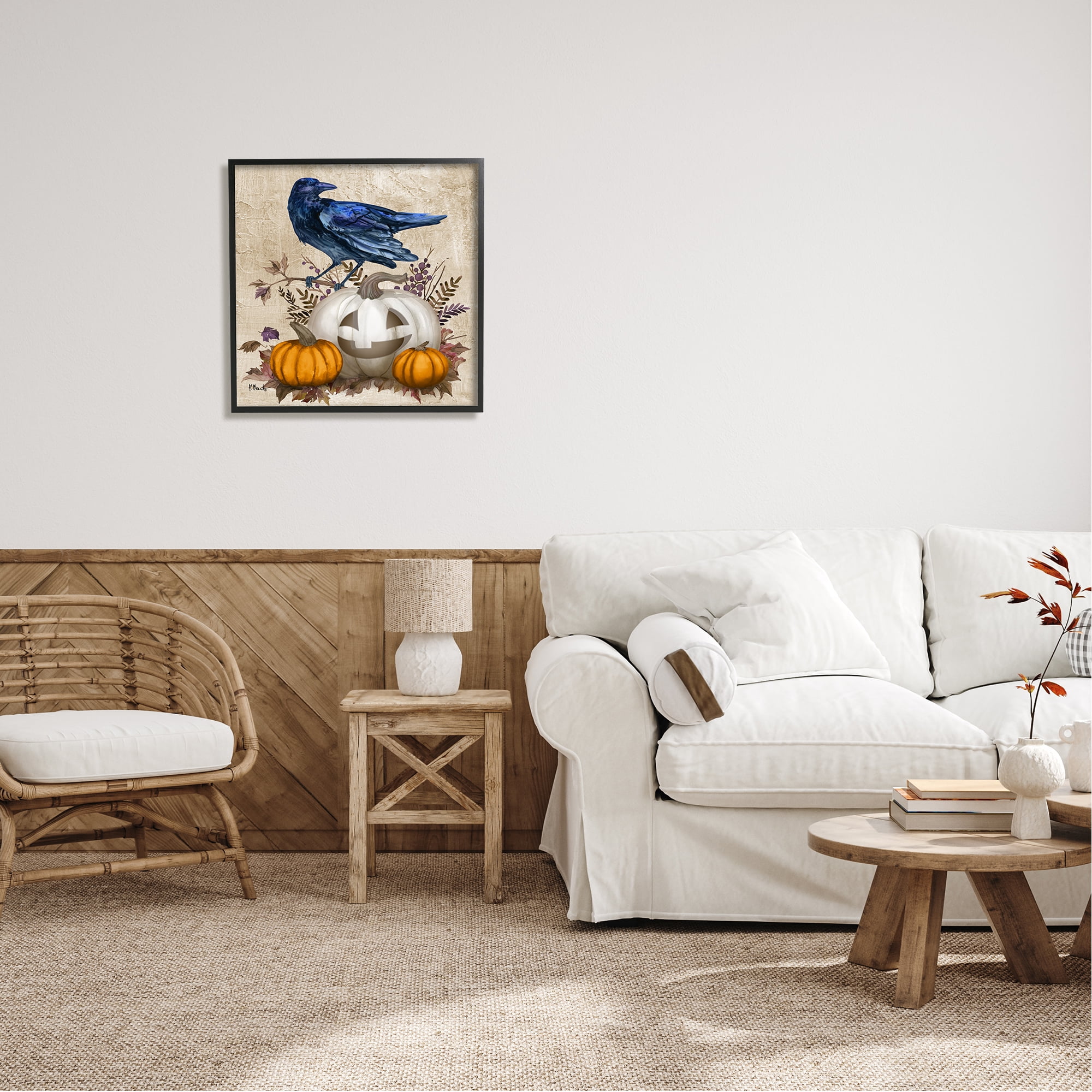 Stupell Industries Raven & Jack-o-Lantern Holiday Painting Black Framed Art Print Wall Art, 24 x 24
