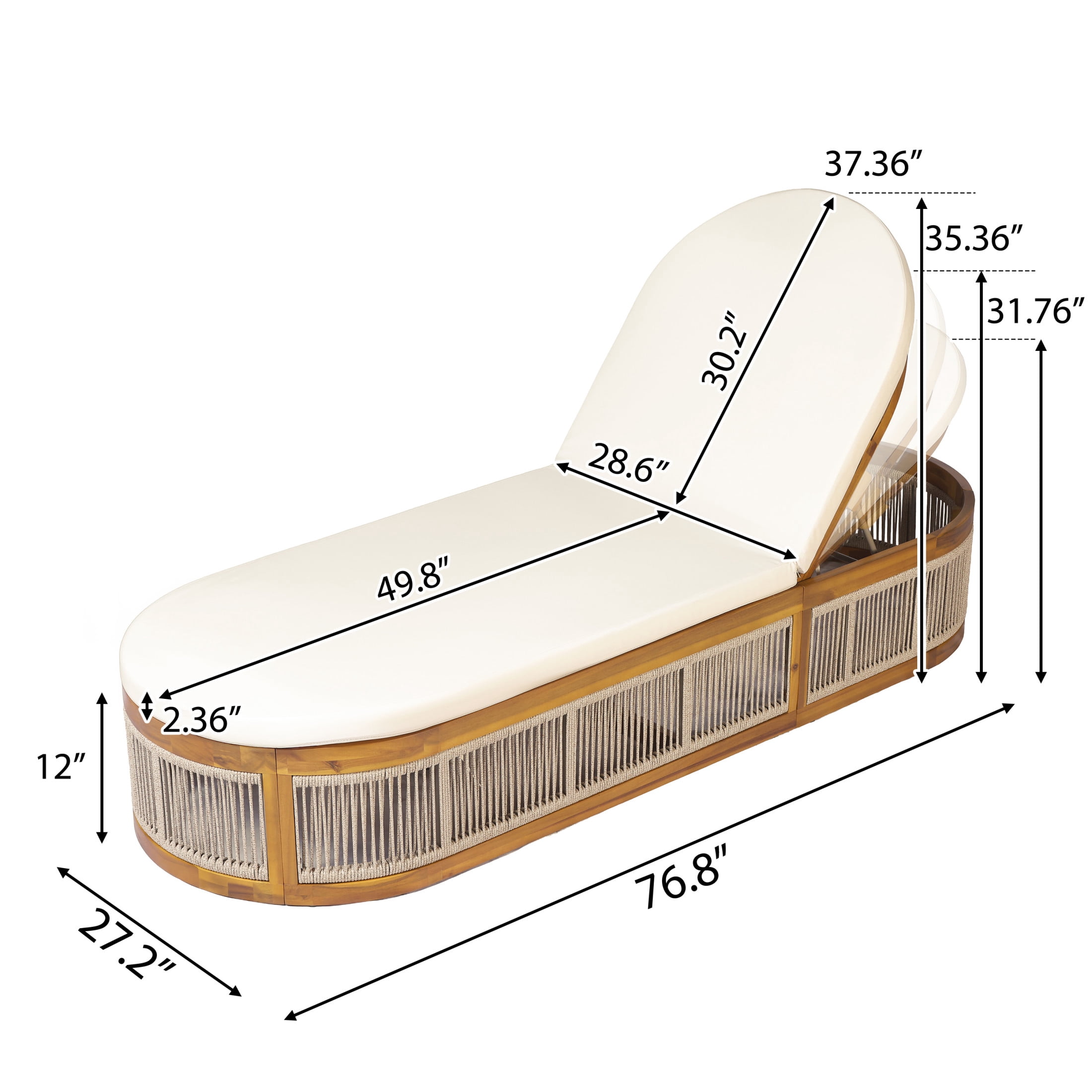 Christopher Knight Home Outdoor Chaise Lounge with 2-Fold Cream Cushion, Rope Side Panels, Teak + Brown