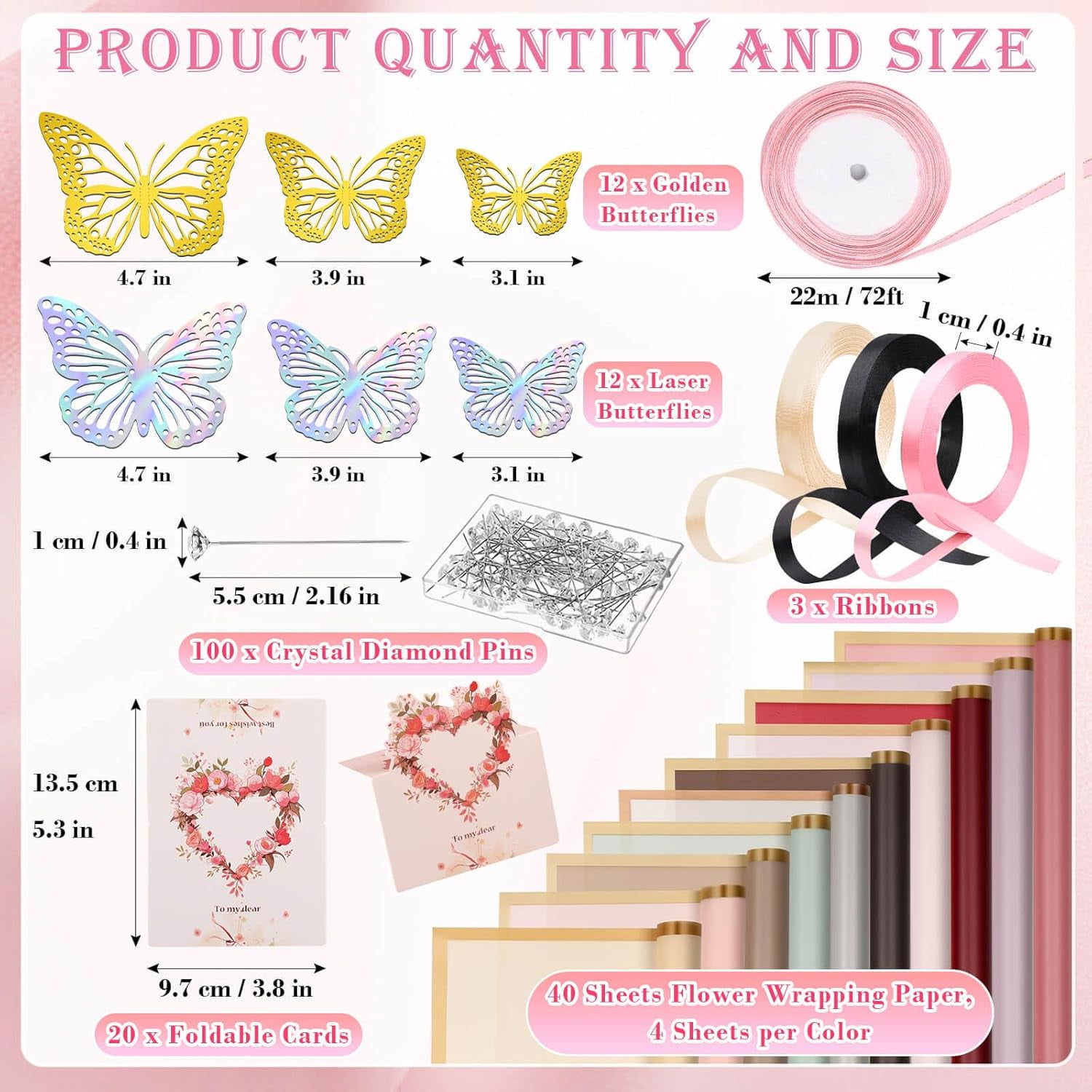 ANHXN  Flower Bouquet Wrapping Paper Kit Includes Floral Paper, Butterflies, Bouquet Pins, Ribbons and Greeting Cards for Mother's Day Wedding Baby Shower Graduation