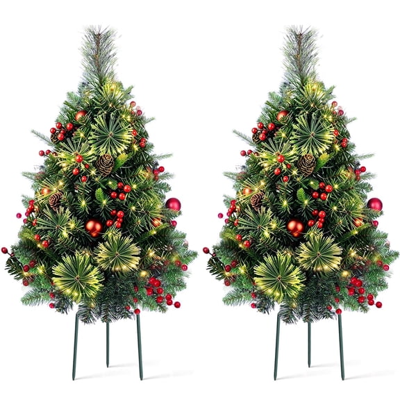 IC ICLOVER 2 Set Outdoor Christmas Tree with LED Lights, 30 inch Prelit Pathway Christmas Trees, Battery Powered, 8 Modes Xmas Decor with Pine Cones Red Berries Ball for Porch Yard Patio Home