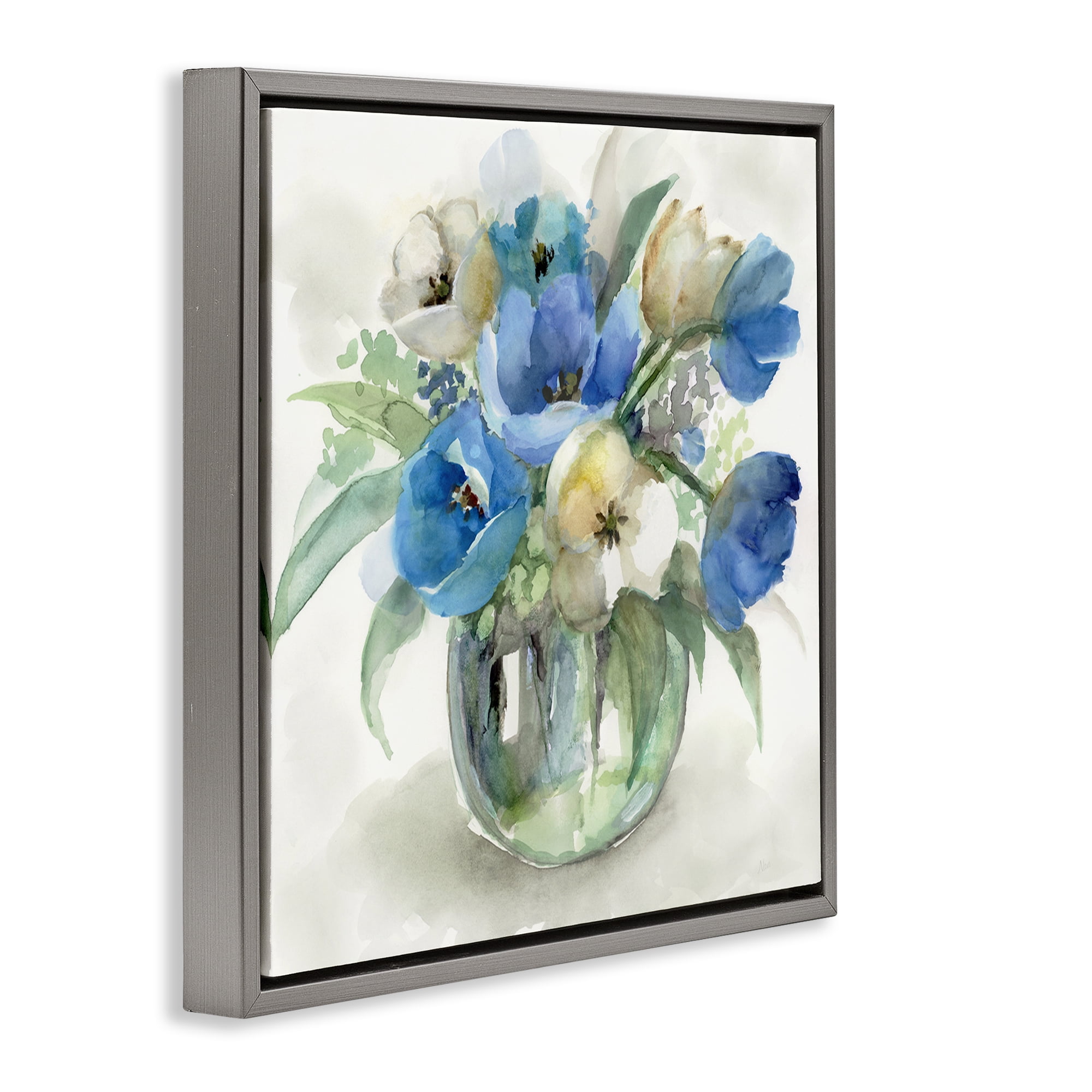 Stupell Industries Blue Tinted Flower Pot Gray Framed Floater Canvas Wall Art, design by Nan