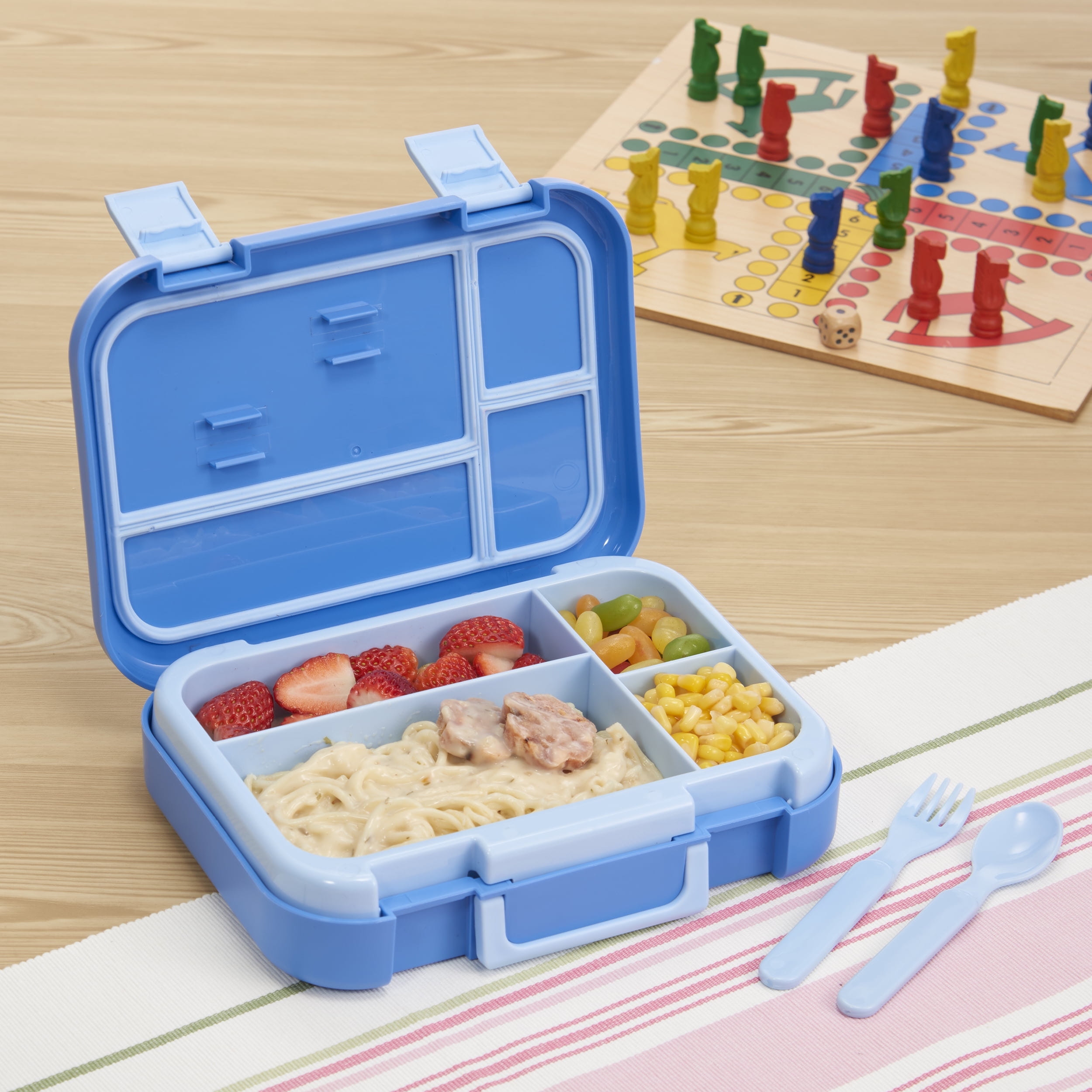 Your Zone Back to School Plastic Bento Box with 4 Compartments, 1 Fork and 1 Spoon, Blue