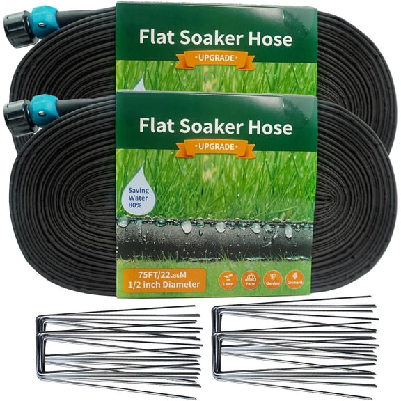 Flat Soaker Hose with Stake for Garden, Linkable Drip Hose for Automated Garden Irrigation System, Dual-layer Leak-free Design Water Hose with Holes
