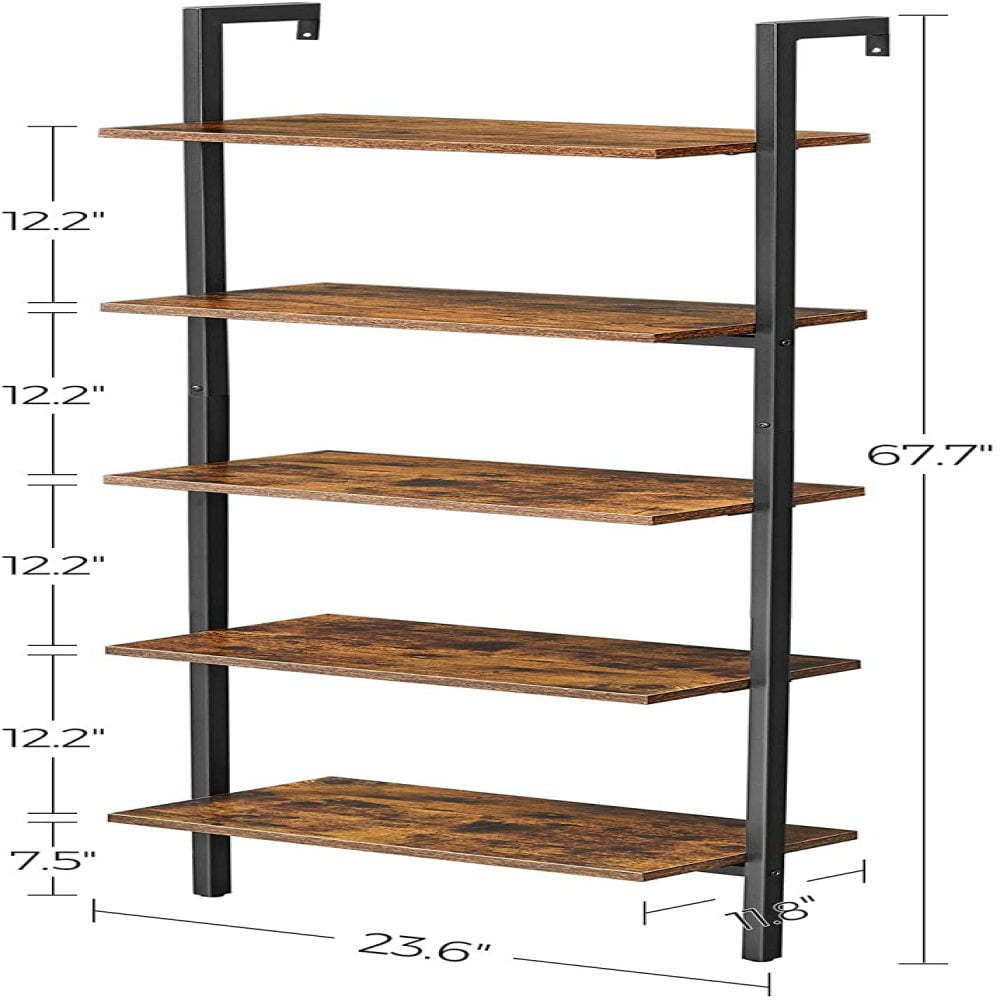 VASAGLE Industrial Ladder Shelf Home Office 23.6 x 11.8 x 67.7 Inches Rustic Brown and Black ULLS102B01 Storage Rack Display Shelves for Living Room 5-Tier Bookshelf Wood Wall Mounted Shelf