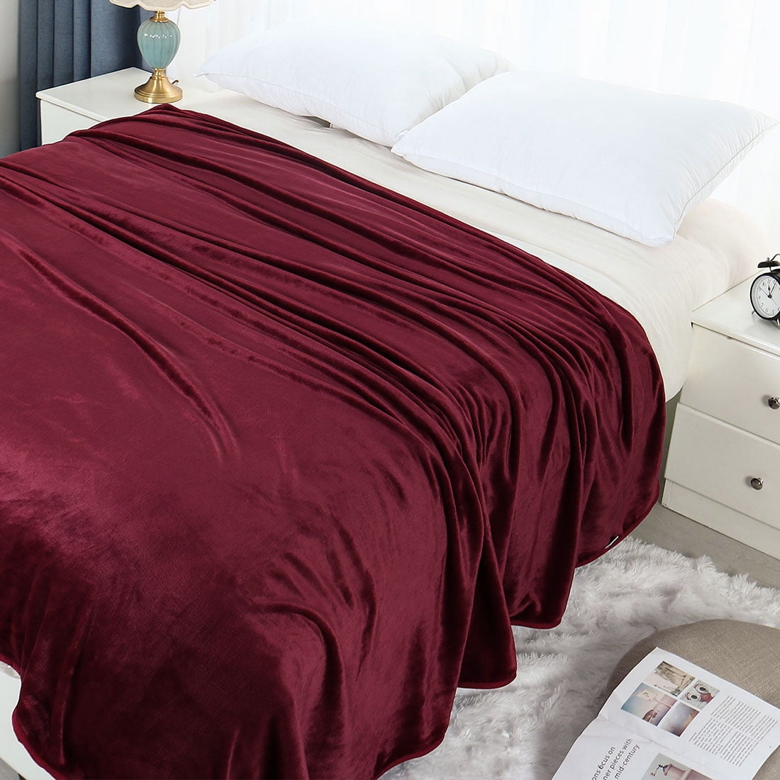 Unique Bargains Flannel Fleece Blanket Soft Luxury Hemmed Burgundy Queen