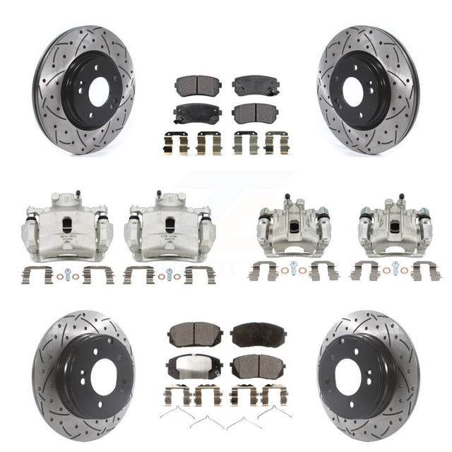 Transit Auto Front Rear Disc Brake Coated Caliper Drilled Slotted Rotors and Ceramic Pads Kit (10Pc) for Car 2016 Hyundai Sonata 2.0L with GAS engine with Manual Parking KCD-100224T