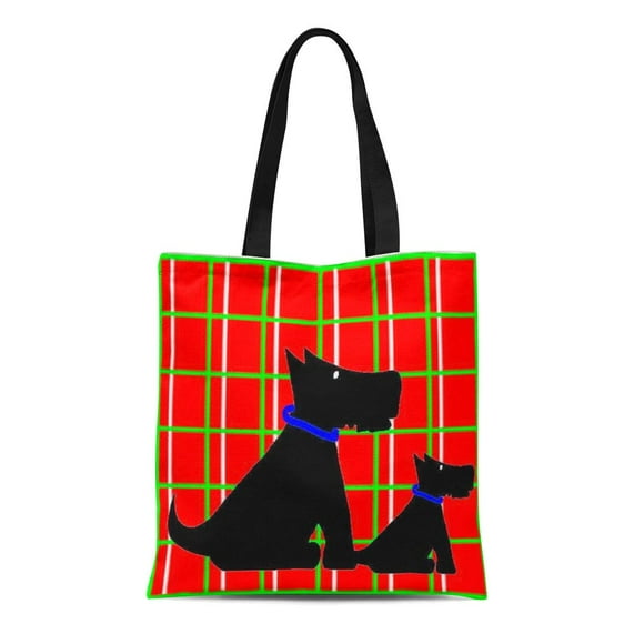 POGLIP Canvas Tote Bag Dog Scottish Terriers on Plaid Scotty Black Canine Durable Reusable Shopping Shoulder Grocery Bag
