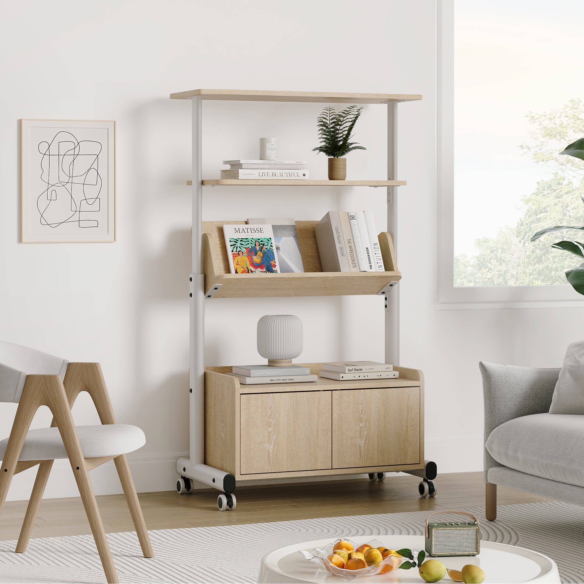 Fenge Bookshelf with Door, 4 Tier Small Bookcase with Storage Cabinet