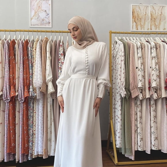 GZWYHT Dresses for Women 2025,Maxi Dresses Women's Casual Solid Muslim Dress Sleeve Abaya Islamic Arab Kaftan Dress Long Sleeve Dress,Modest Dresses,White Dress,Clearance Dressers M