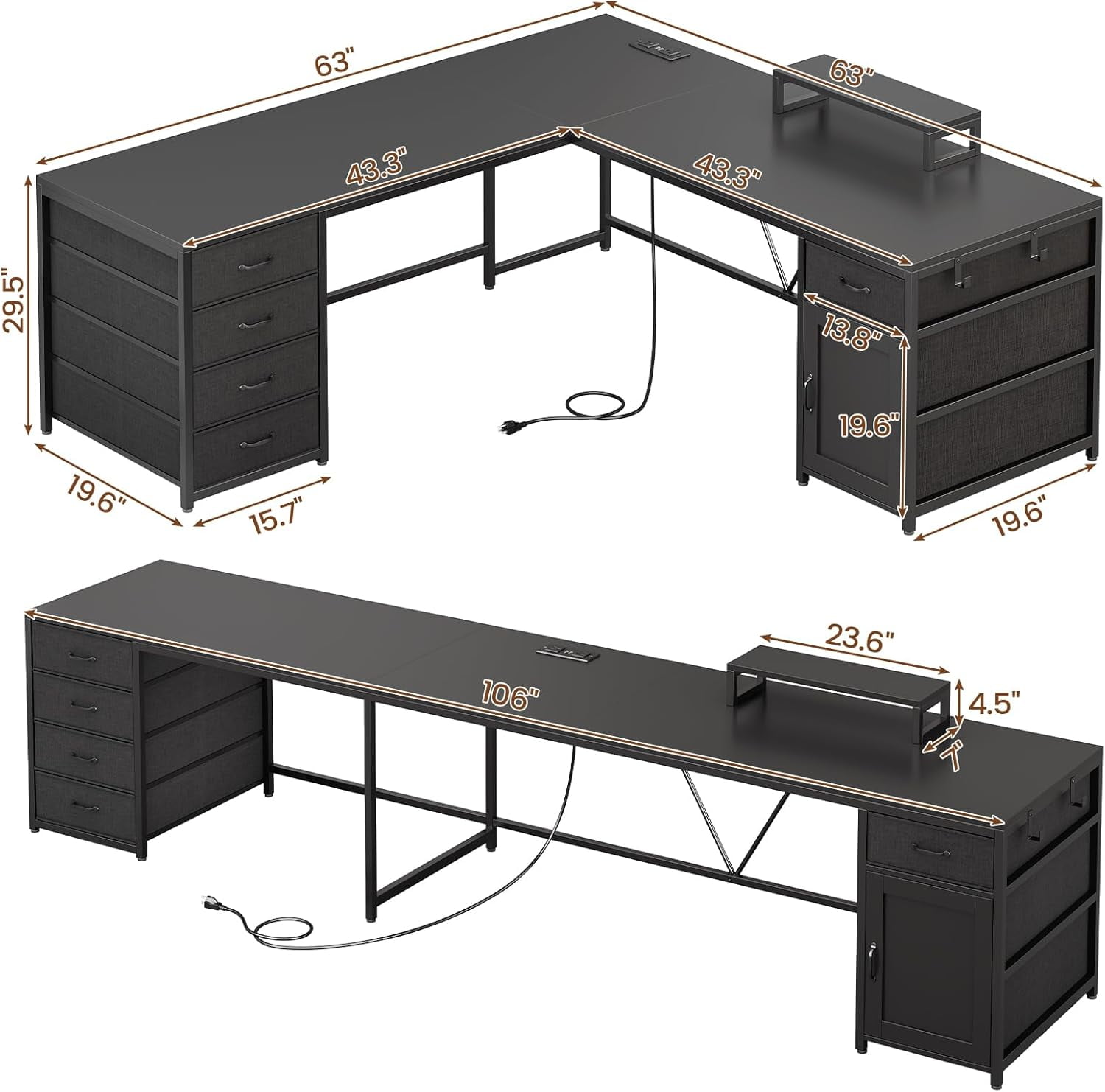 SEDETA L Shaped Desk, 63'' Computer Desk with 5 Drawer & Power Outlet, Long Home Office Desk or Corner Desk, Corner Desk with Monitor Shelf, Storage Cabinet, Black