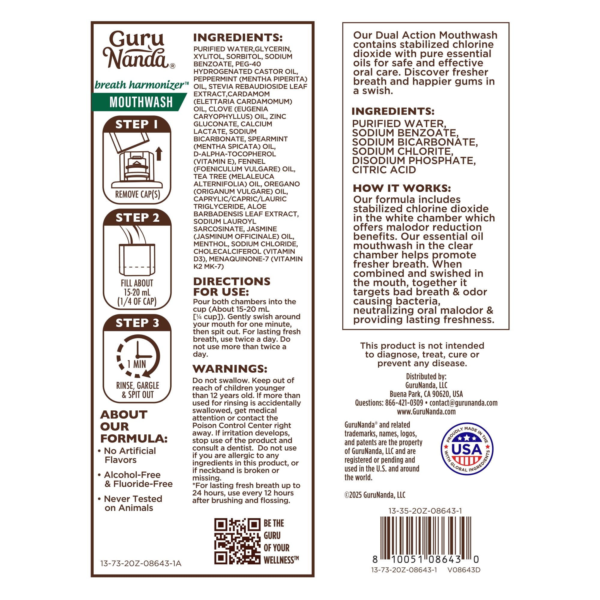 GuruNanda Dual Barrel Breath Harmonizer Mouthwash - Fresh Breath - Alcohol & Fluoride Free -  20 fl oz