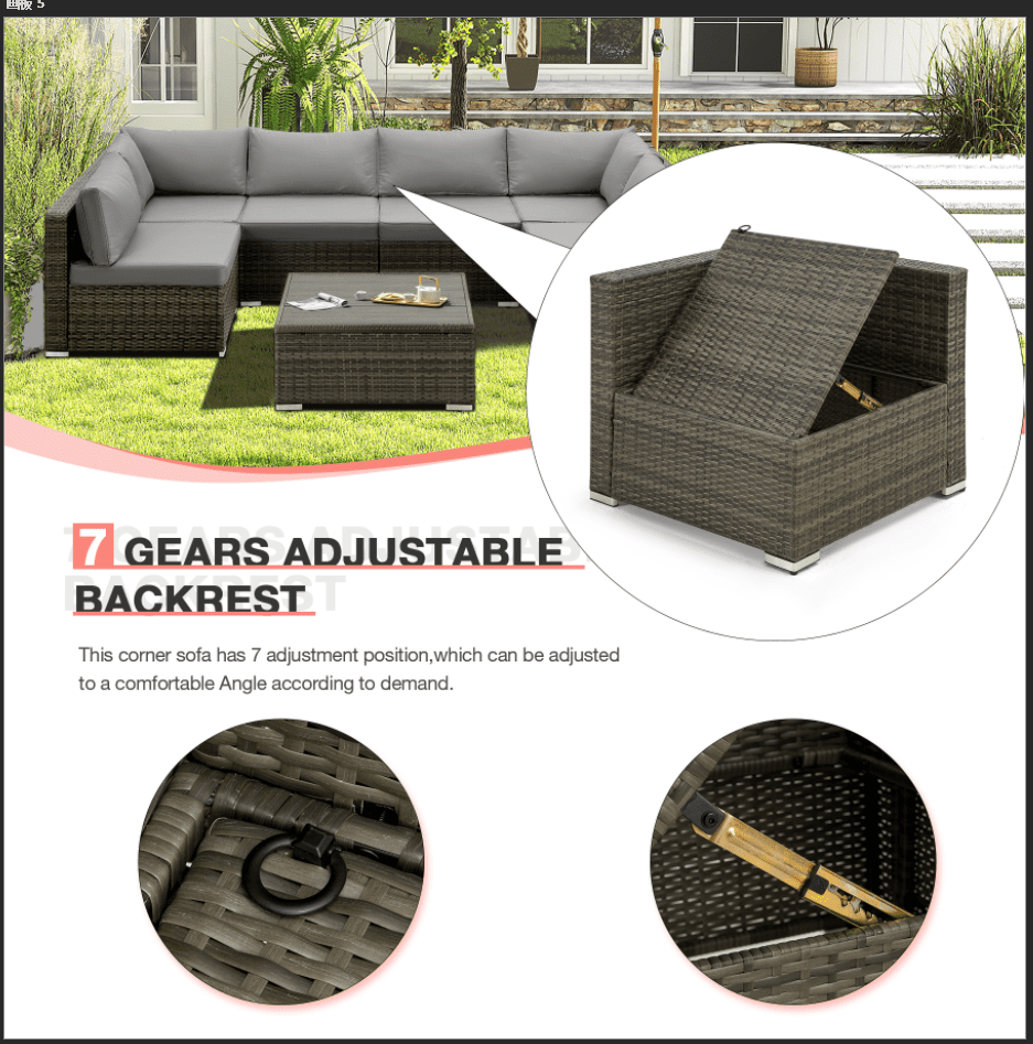 GYUTEI 7 Piece Patio Furniture Set with Adjustable Bracket All-Weather Wicker Conversation Set with Coffee Table for Porch Garden Backyard (Gray)
