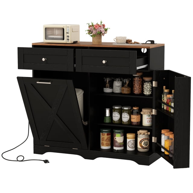 Gymax Tilt Out Trash Can Cabinet w/ Outlets 2 Drawers Adjustable Shelf Anti-Tipping Kit Black & Walnut