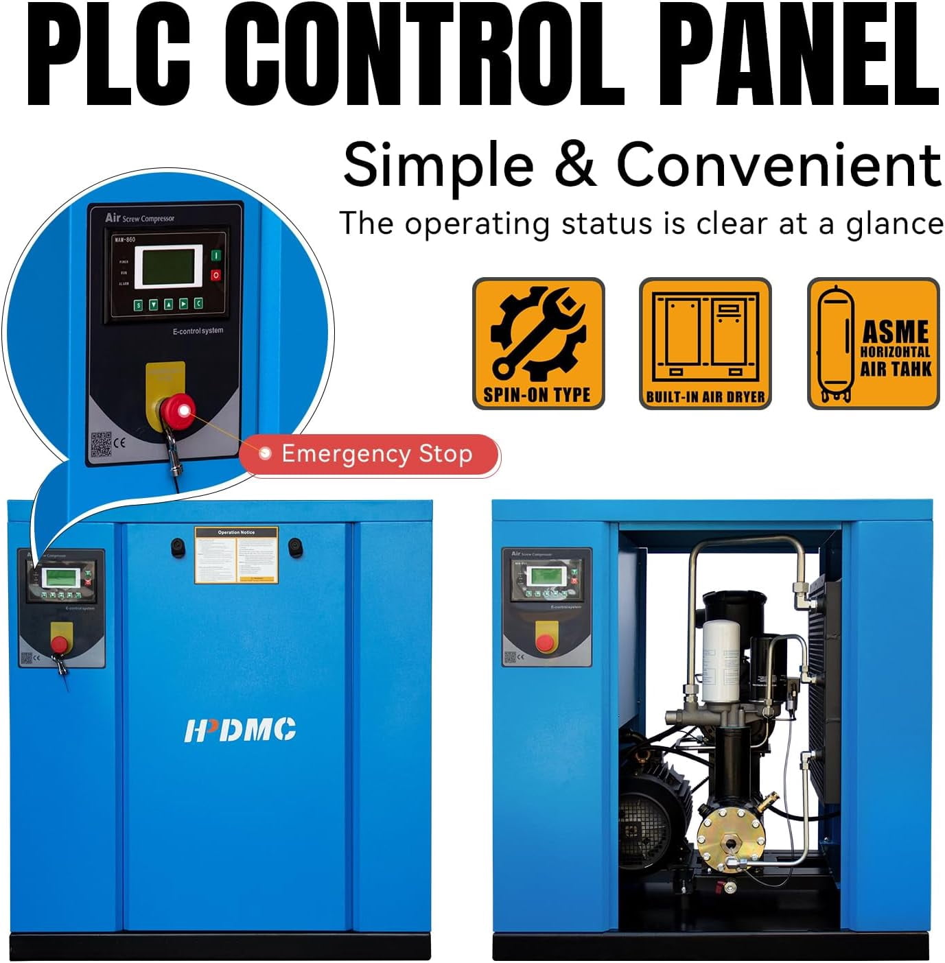 HPDMC 20HP Industrial Rotary Screw Air Compressor, 81 CFM @ 125 PSI, 460V 3-Phase Heavy Duty Compressed Air System for Manufacturing and Fabrication PACK15