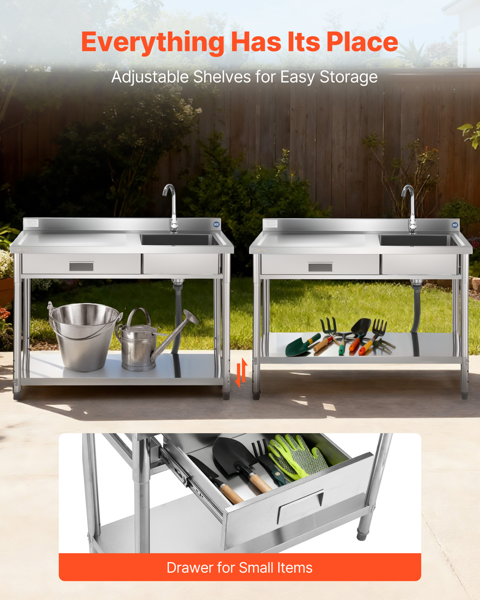 VEVOR Stainless Steel Utility Sink, Rolling Single Bowl Commercial Kitchen Sink with Drawer, Faucet and Hot & Cold Water Pipe, Utility Basin for Garage, Restaurant, Laundry, 47.2 x 19.7 x 37 in