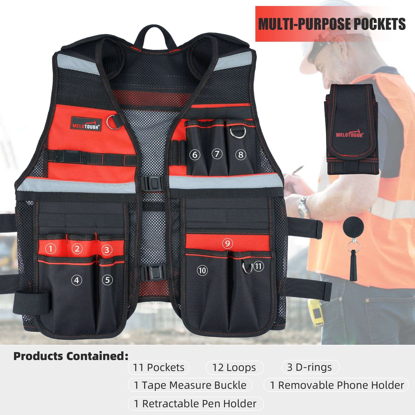 MELOTOUGH Tool Vest for Men Reflective Safety Tool Vest with Adjustable Straps,Removable Phone Holder for Electrical,Carpenters,Construction(Red)