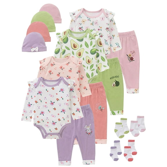 WIBACKER 100% Cotton 4-Piece Newborn Girls Floral Outfits Infant Bodysuit Tops, Hat, Socks and Pants Baby Layette Gift Set