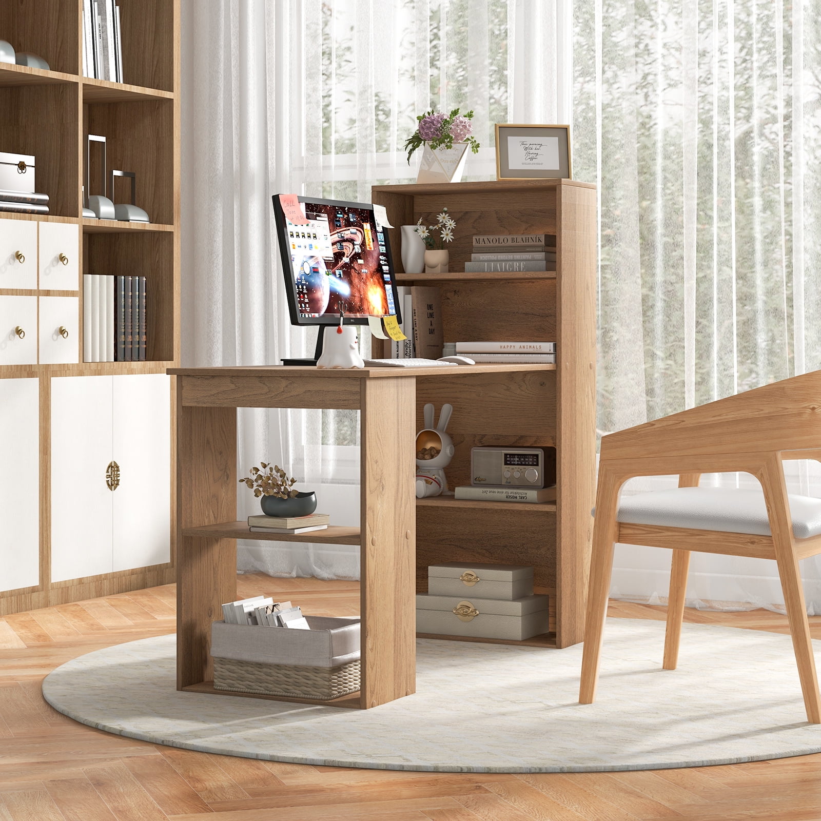 Topbuy 48 Inch Computer Desk with Bookshelf 3-in-1 Home office Desk with 4-Tier Bookcase & CPU Stand Space-saving Reversible Writing Desk Natural