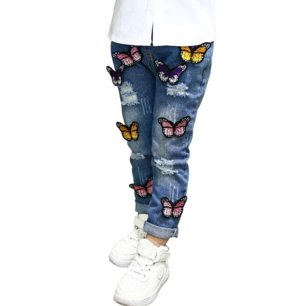 Baby Boy Girls Embroidered Butterfly Hole Denim Jeans Pant Trouser Clothing