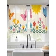 thumbnail image 2 of Cartoon Butterfly Flowers Sheer Curtains 2 Panels Set Watercolor Sun Yellow Blue Red Floral Leaf Sheer Window Curtains Light Filtering Rod Pocket Voile Drapes for Bedroom Living Room 52"x54", 2 of 8